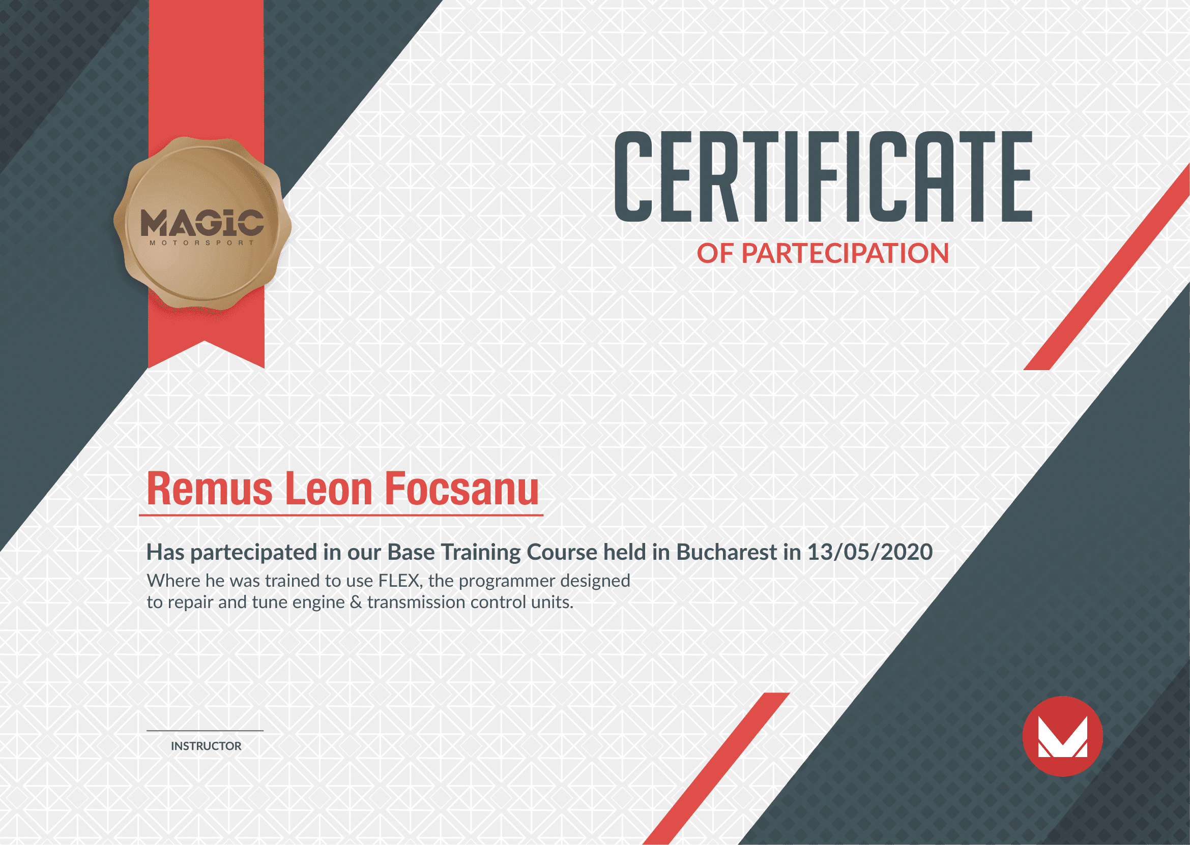Certificat MagicMotorSport de participare la cursul de bază FLEX, emis pe numele Remus Leon Focșanu